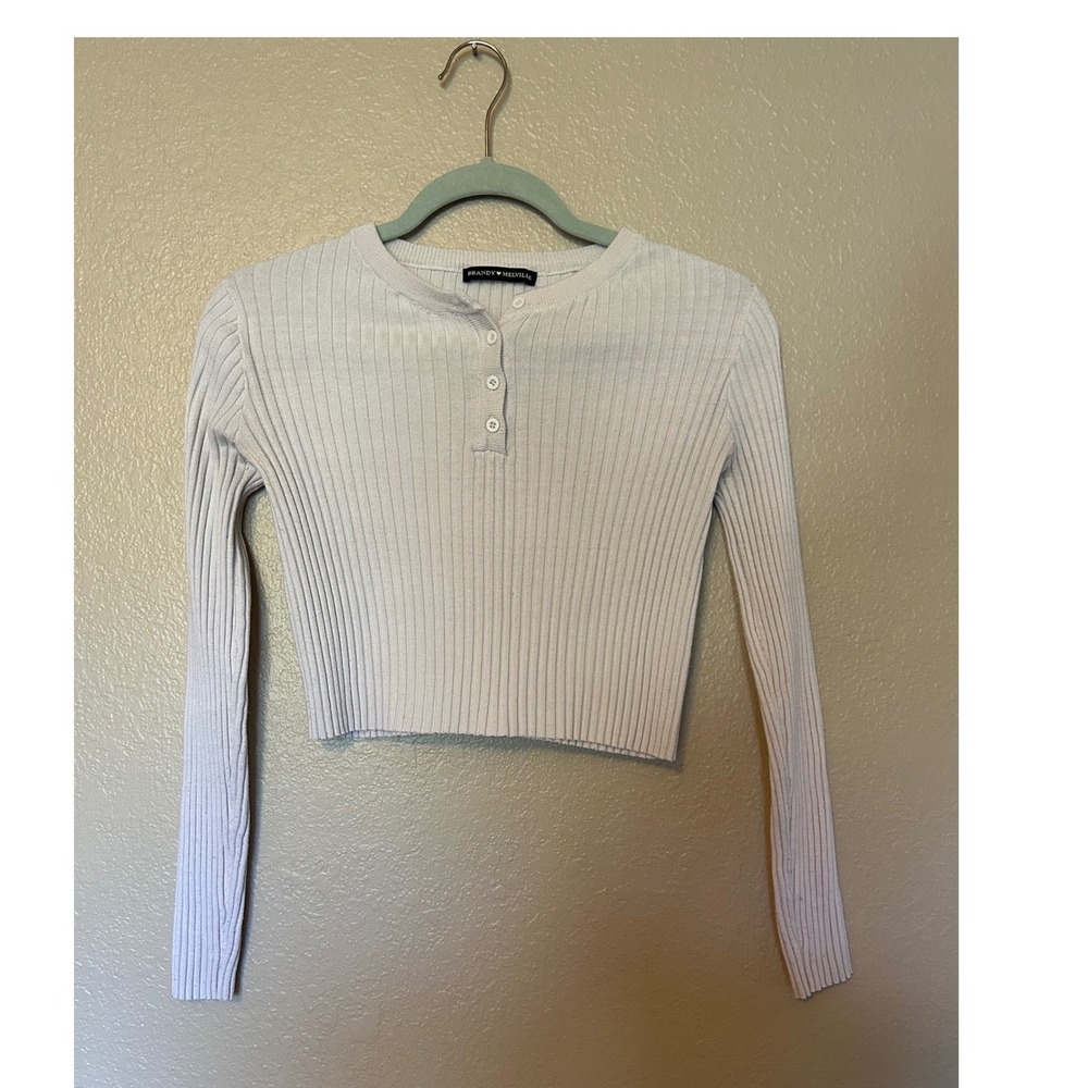 Brandy Melville Long Sleeve Ribbed Henley Cropped Top White One Size.